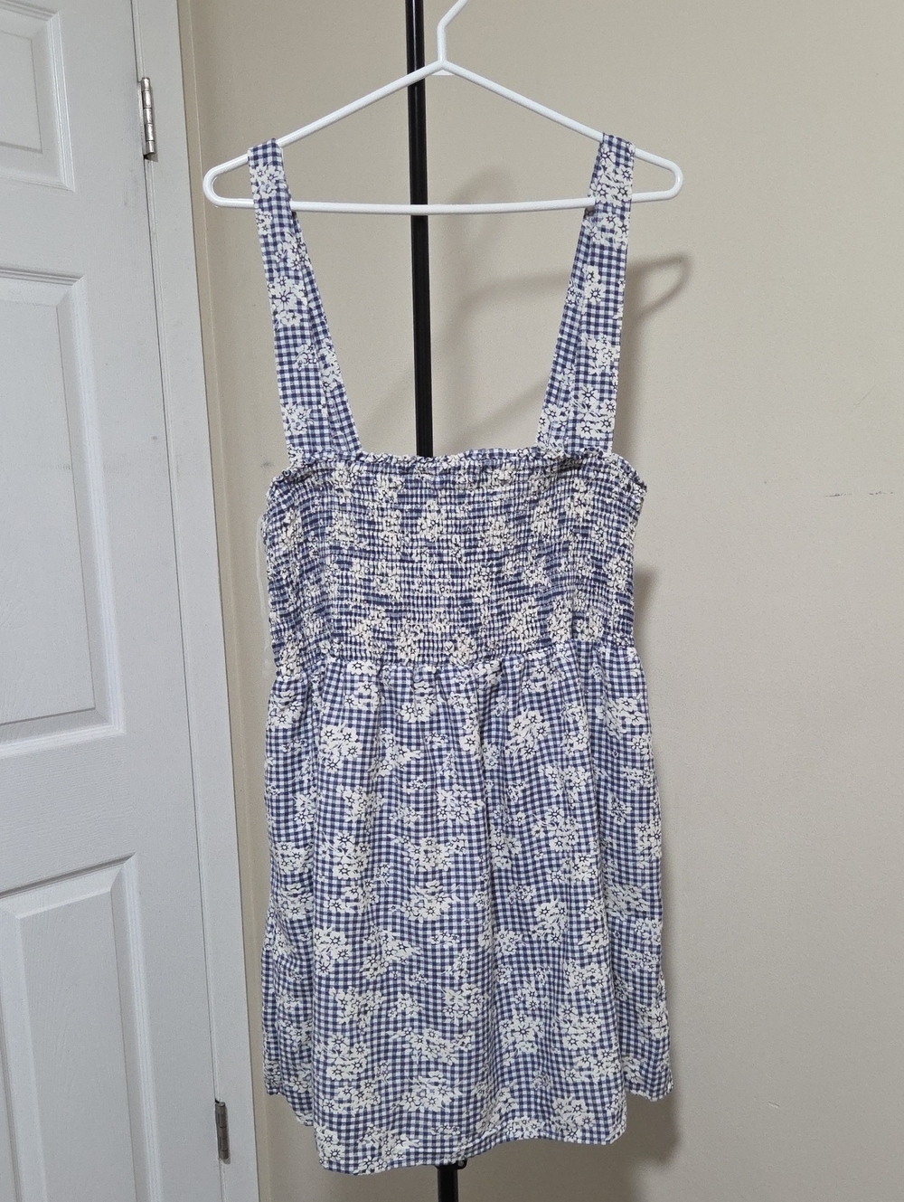 Nwt American Eagle Outfitters Cotton Blend Blue White Gingham Floral Mini Dress